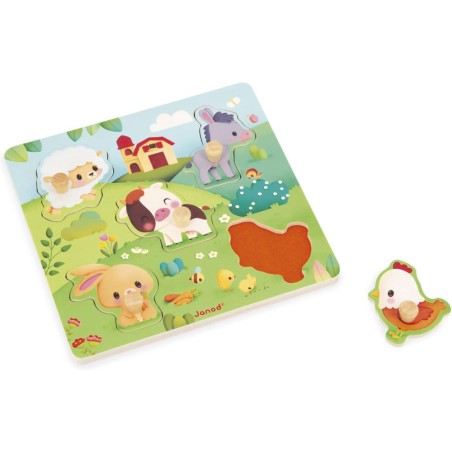 Puzzle tactile Ferme 5 pièces : Puzzles en bois premier âge - Janod
