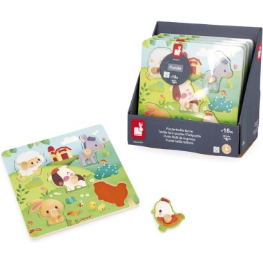 Puzzle tactile Ferme 5 pièces : Puzzles en bois premier âge - Janod