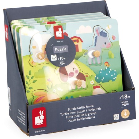 Puzzle tactile Ferme 5 pièces : Puzzles en bois premier âge - Janod