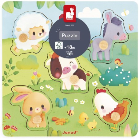 Puzzle tactile Ferme 5 pièces : Puzzles en bois premier âge - Janod