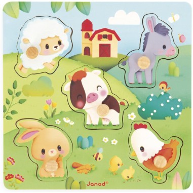 Puzzle tactile Ferme 5 pièces : Puzzles en bois premier âge - Janod