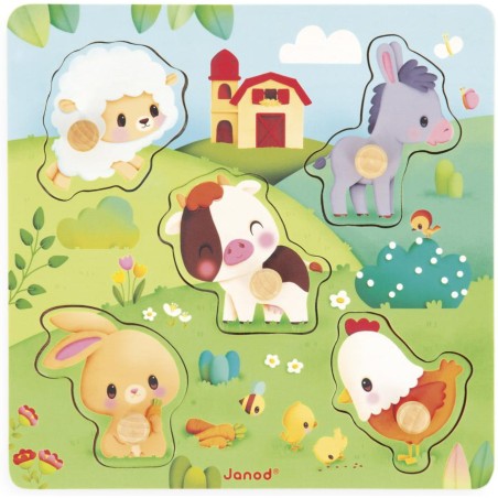 Puzzle tactile Ferme 5 pièces : Puzzles en bois premier âge - Janod
