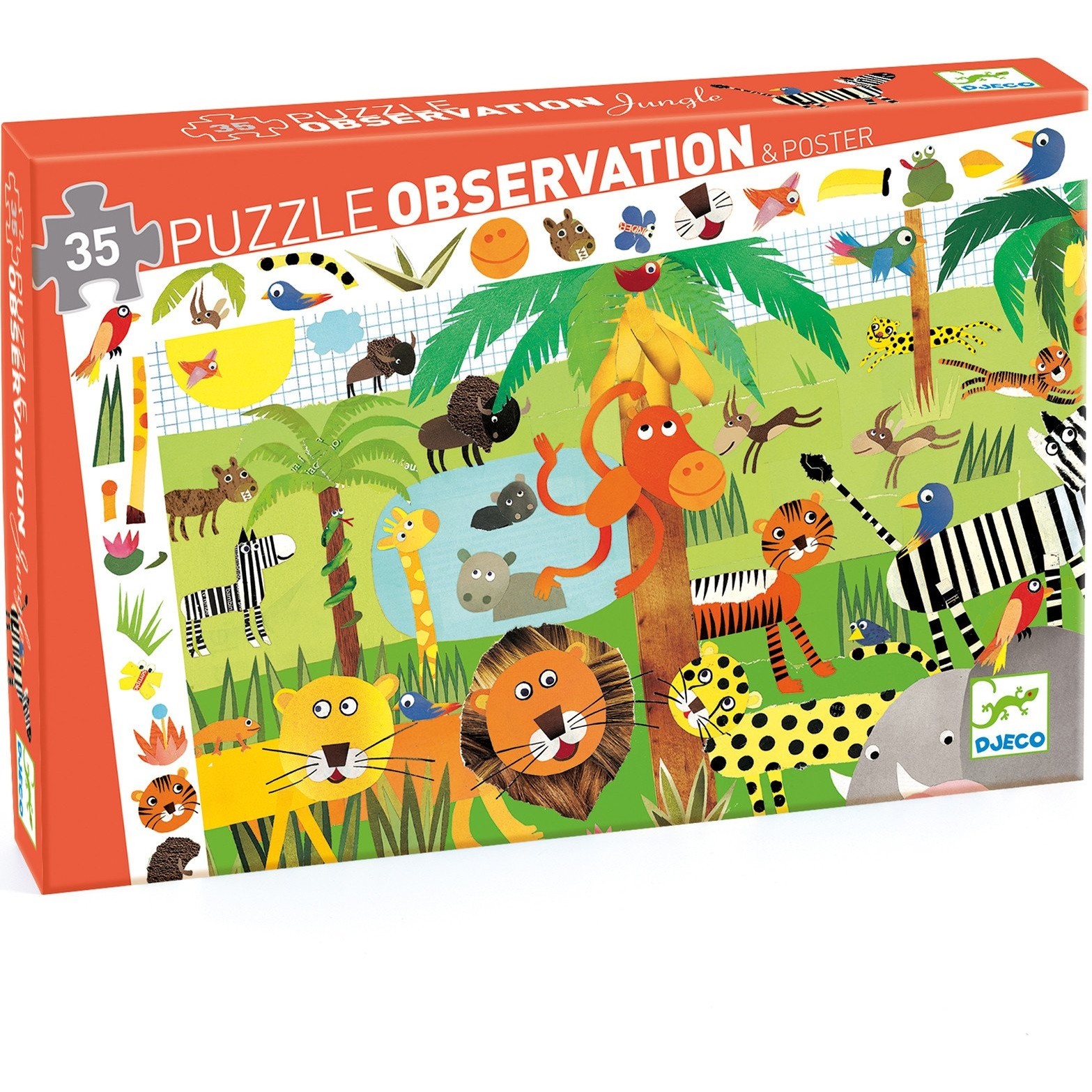 Puzzle 35 pièces poster et jeu d'observation : la jungle Djeco