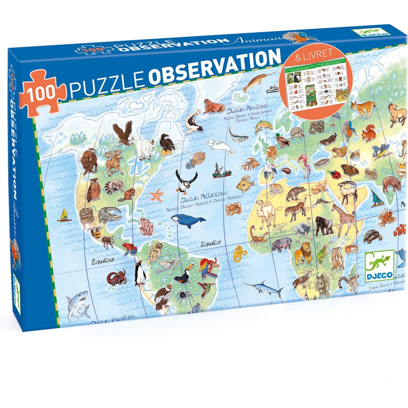 Puzzle 100 pièces poster et livret : les animaux du monde djeco