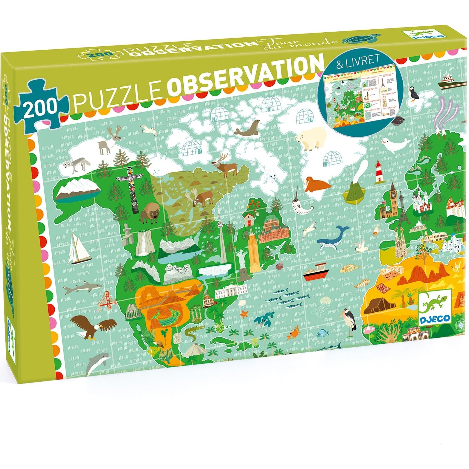 Puzzle 200 pièces puzzle observation : les monuments du monde djeco