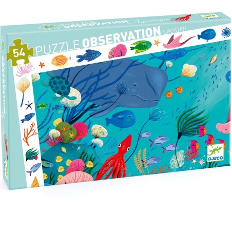 Puzzle 54 pièces : poster et jeu d'observation : aquatique - Djeco