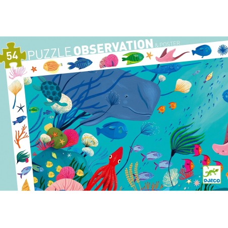 Puzzle 54 pièces : poster et jeu d'observation : aquatique - Djeco